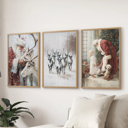 Winter woodland scenes wall art trio in oak-framed prints spans the living-room sectional, blending soft snow tones with charming vintage detail.
