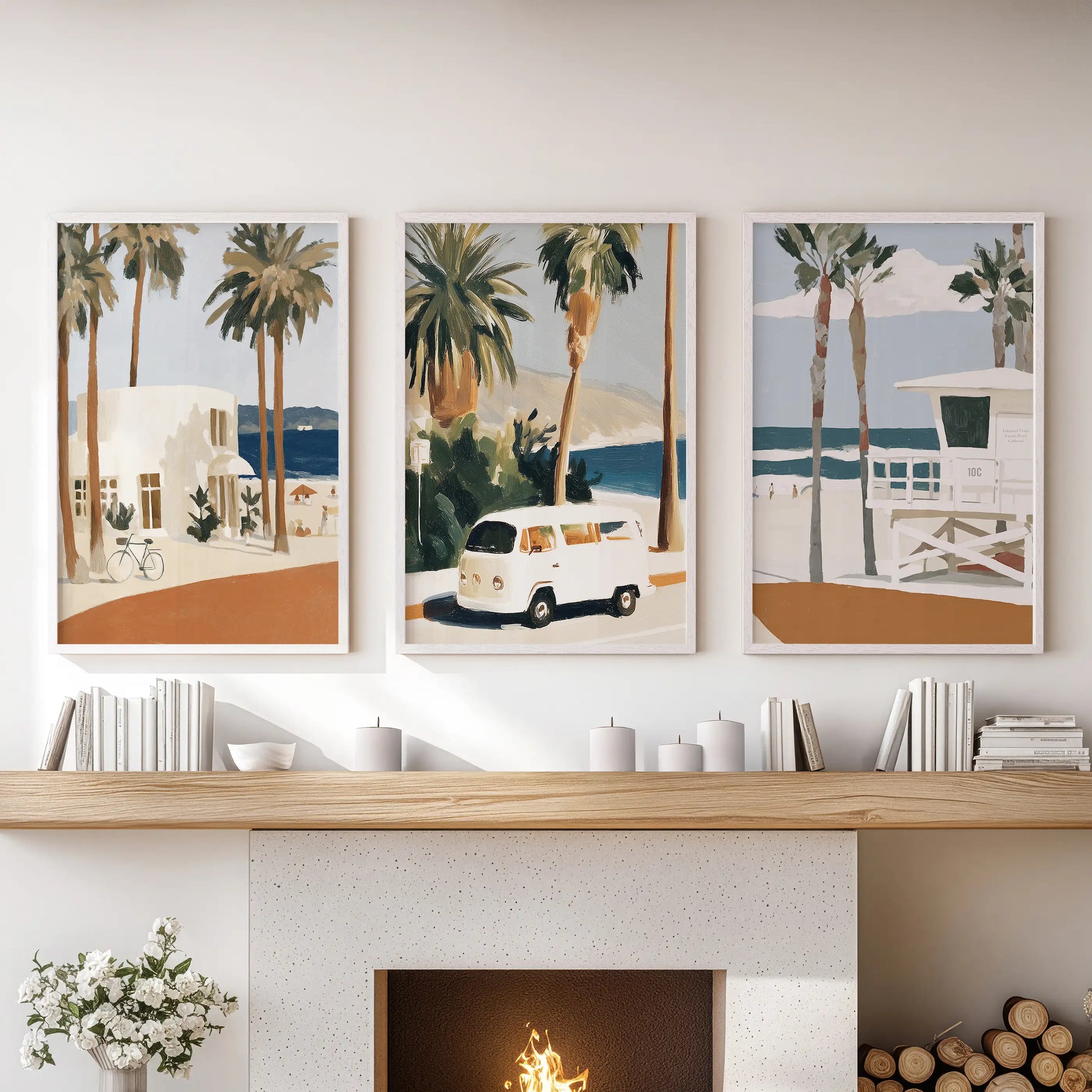 Vintage surf van wall art, a 3-piece set in clean white frames, lends retro coastal charm to a sitting room display over the mantle.