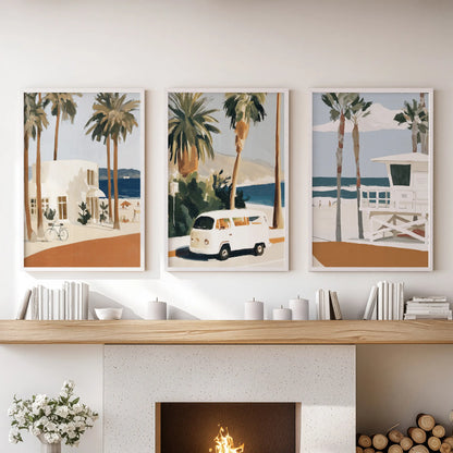 Vintage surf van wall art, a 3-piece set in clean white frames, lends retro coastal charm to a sitting room display over the mantle.