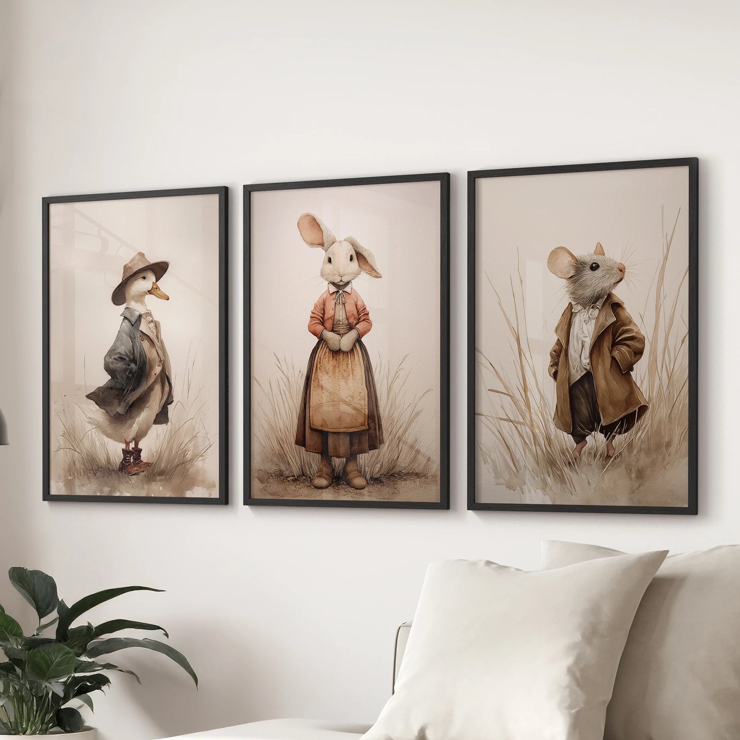 Cottagecore farm animal wall art, a 3-piece print set in black frames, spans the lounge above the sectional sofa with cozy, vintage farmhouse softness.