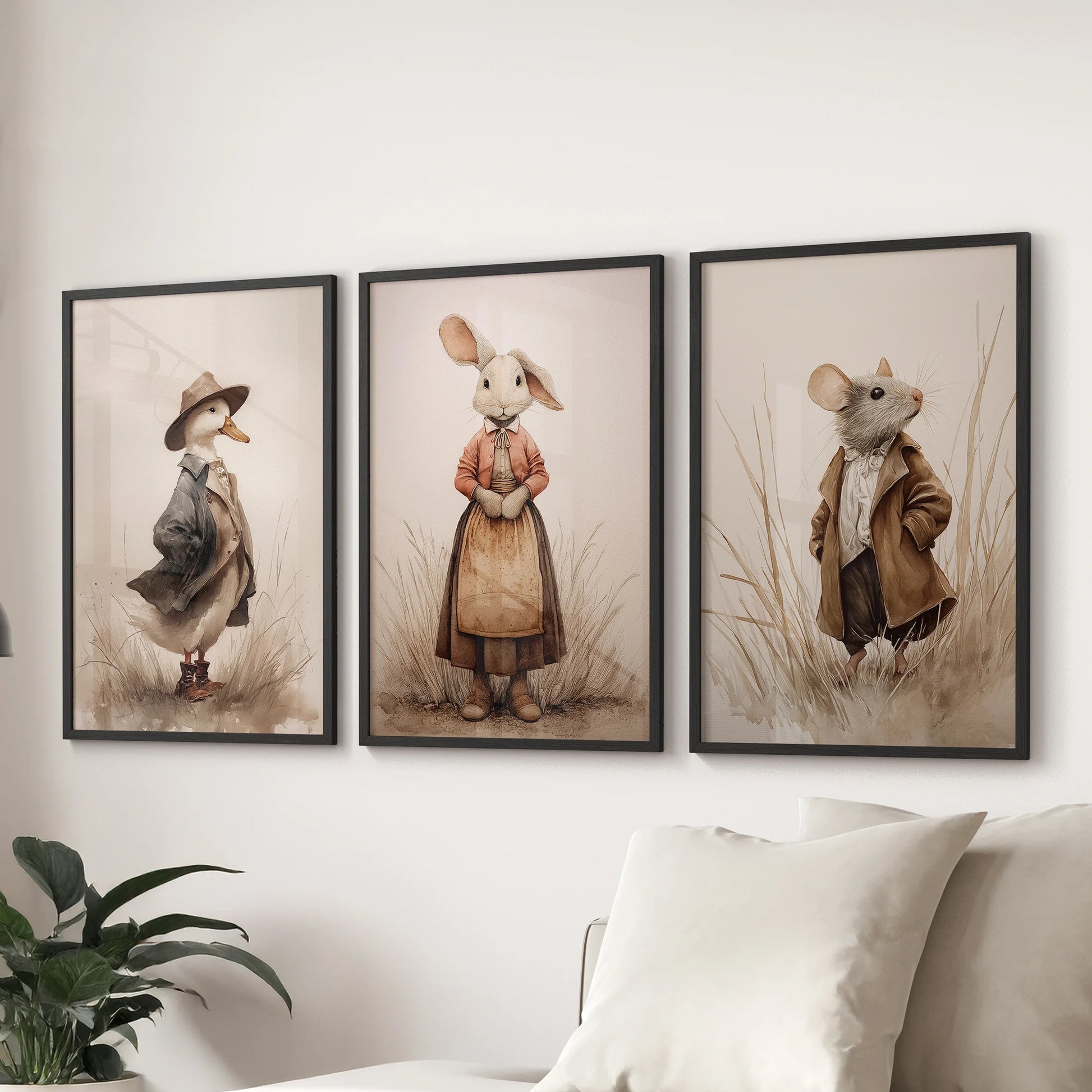 Cottagecore farm animal wall art, a 3-piece print set in black frames, spans the lounge above the sectional sofa with cozy, vintage farmhouse softness.