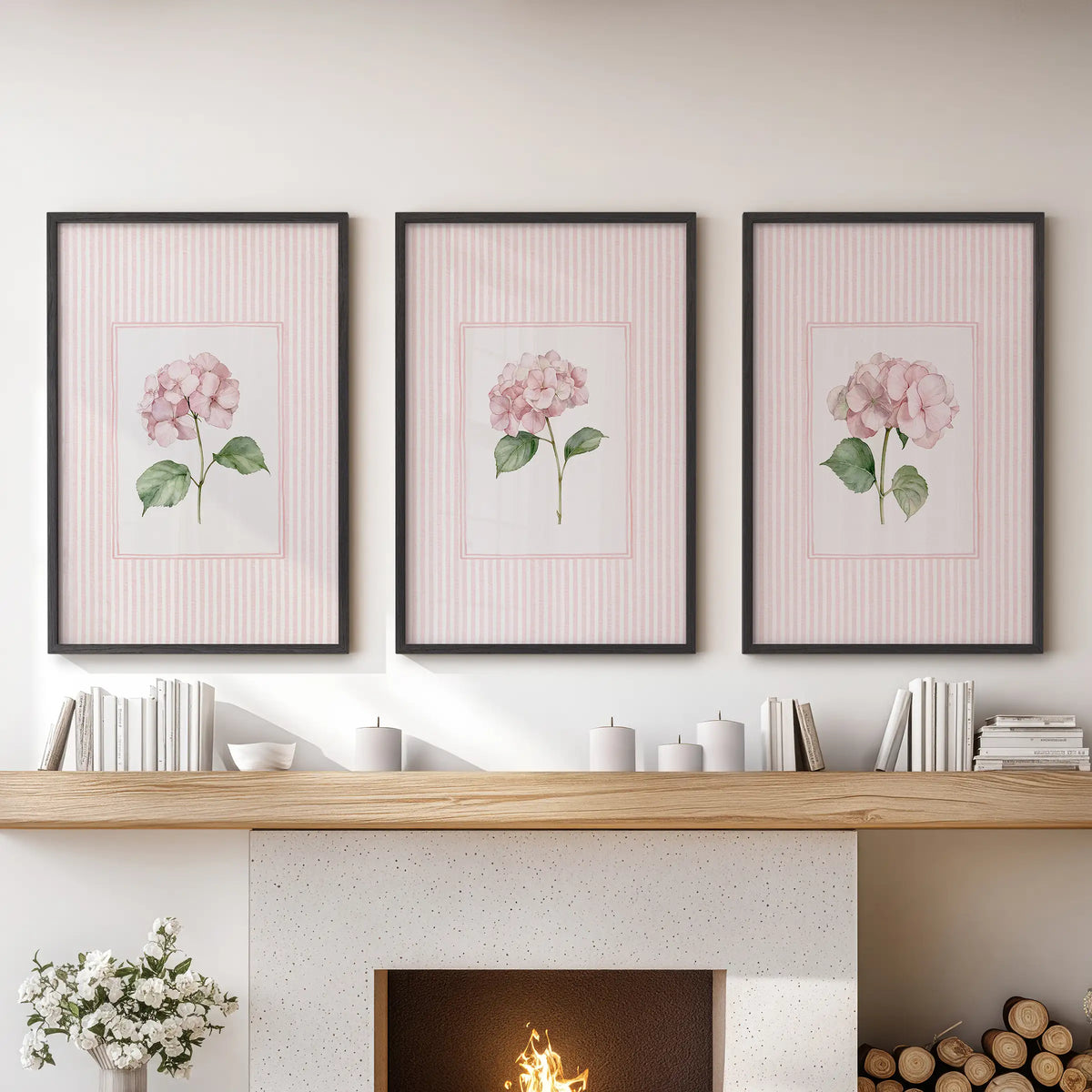 Vintage cottage florals in a three-picture wall art set hang over the mantel in a family room, each displayed in a black frame.