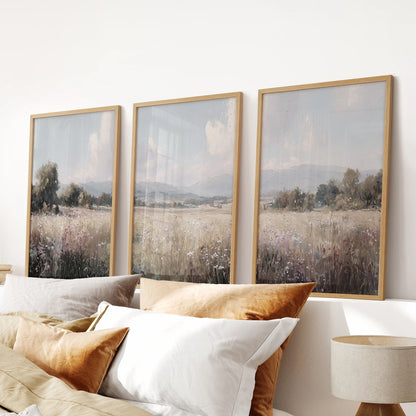 Countryside painting, a three-piece wall art set in oak frames, hang above the bed to add calm texture to the bedroom.