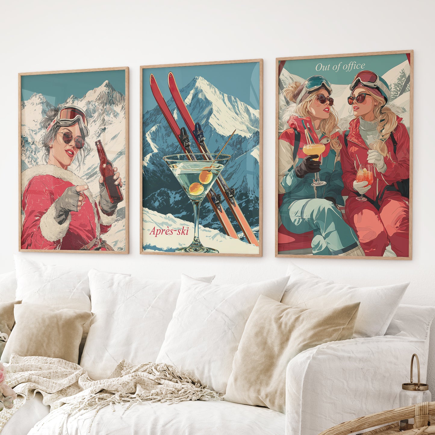 Retro après-ski posters with snowy mountains. Thinwood frames over the couch.