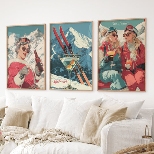 Retro après-ski posters with snowy mountains. Thinwood frames over the couch.