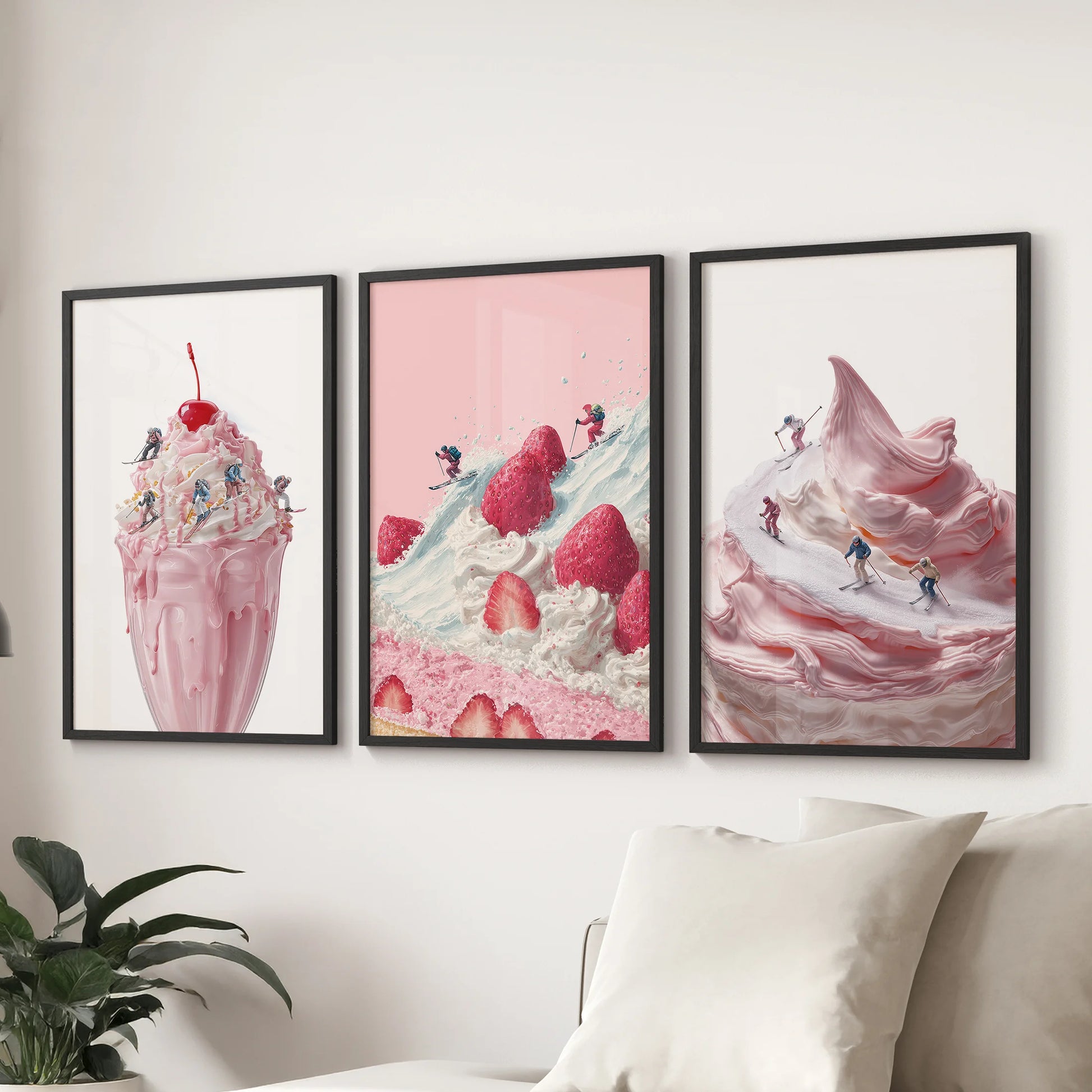 Three framed artworks of a pink milkshake with a cherry, strawberry ice cream, and a pink ice cream cone on a white wall.