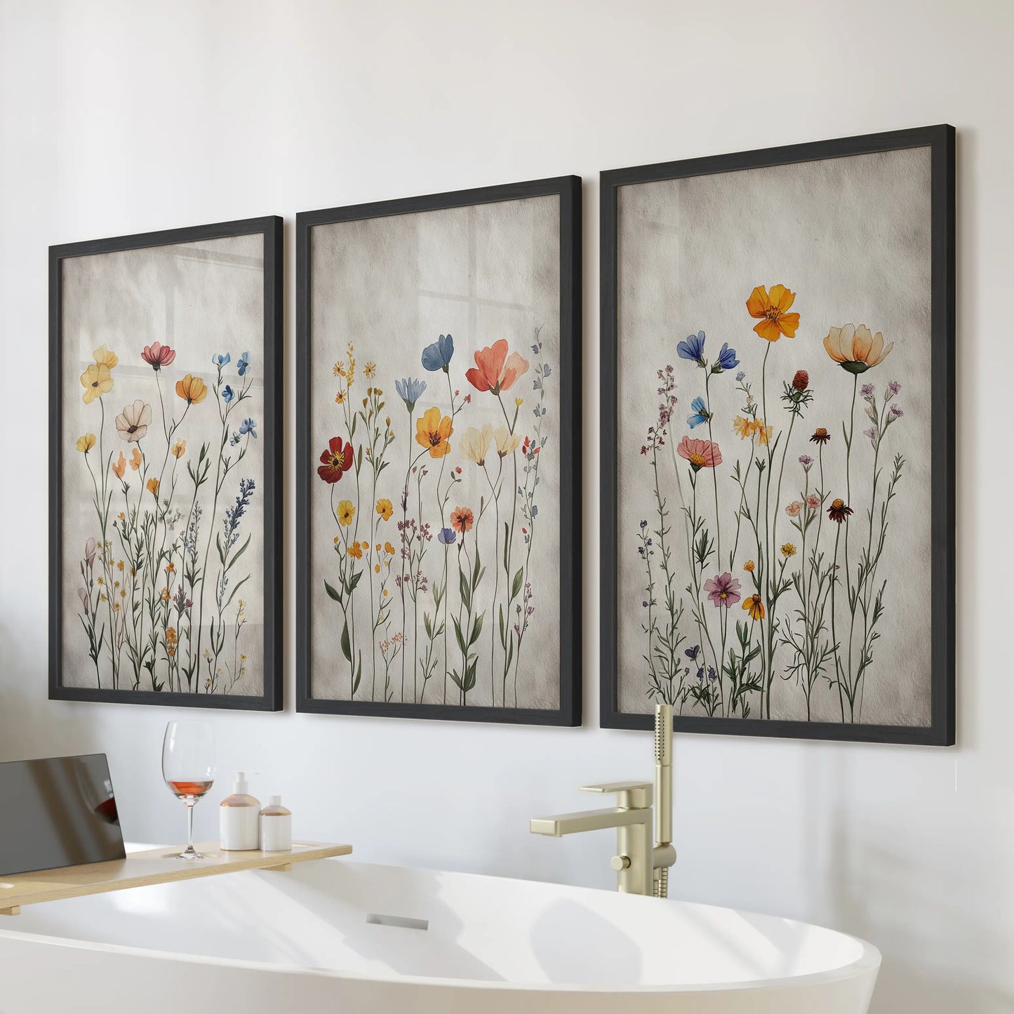 Three black-framed wall art prints show delicate wildflower illustrations, creating a neat arrangement above the bathtub in a modern bathroom.