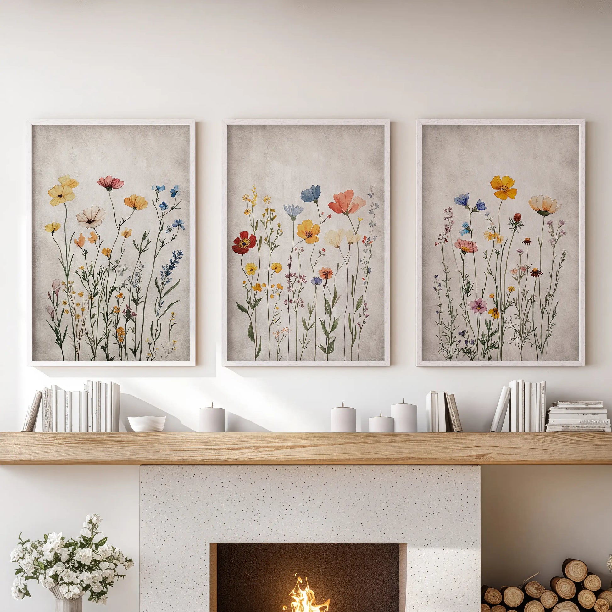 Set of three vintage floral wall prints in soft white frames sits above the mantelpiece, giving the lounge a gentle, timeless accent.