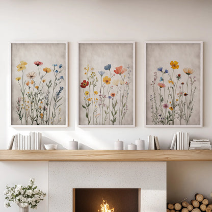 Set of three vintage floral wall prints in soft white frames sits above the mantelpiece, giving the lounge a gentle, timeless accent.
