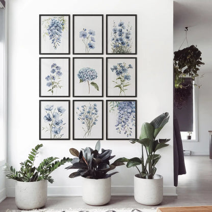 Light blue botanical set of 9 prints. Dorm room posters room decor. Black frames for bedroom.