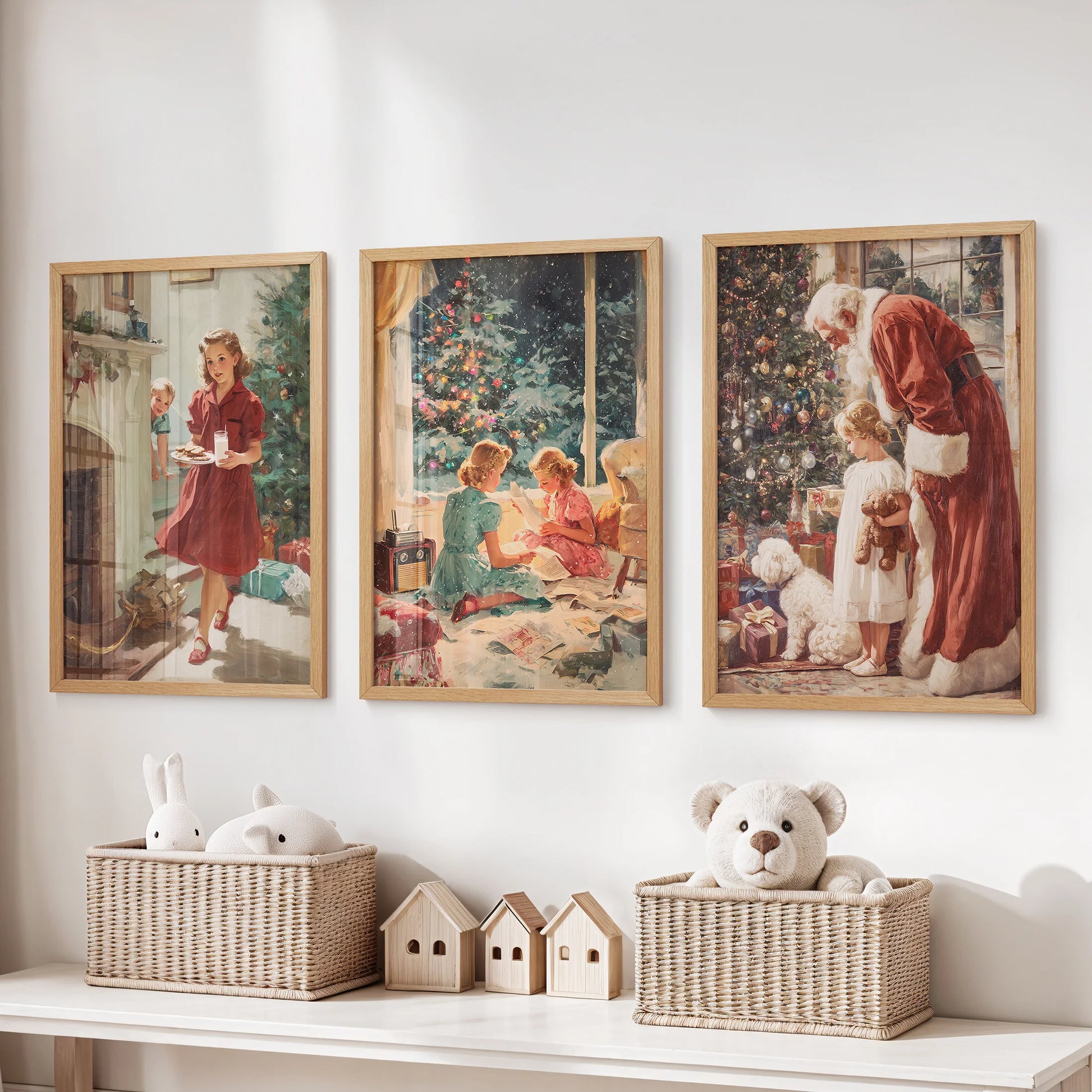 Vintage winter wonderland scenes, a 3-piece wall art set, rest in light wood frames over the playroom's toy storage bench for a warm, nostalgic accent.