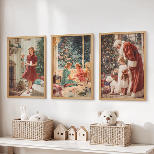 Vintage winter wonderland scenes, a 3-piece wall art set, rest in light wood frames over the playroom's toy storage bench for a warm, nostalgic accent.
