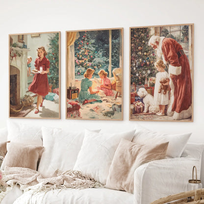 Retro-style holiday art set with Santa Claus, Christmas tree, and children opening gifts. Thinwood frame over the couch.