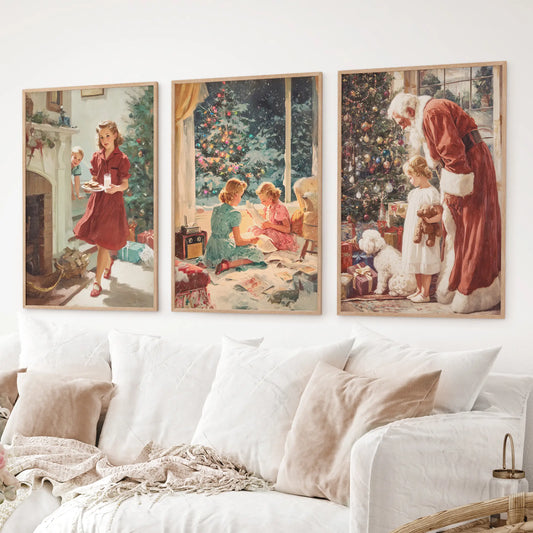 Retro-style holiday art set with Santa Claus, Christmas tree, and children opening gifts. Thinwood frame over the couch.