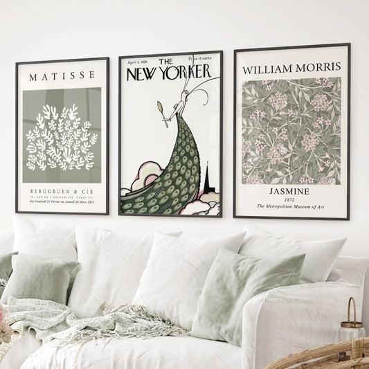 Matisse William Morris and New Yorker wall art set of 3 prints. Black frames over the couch.