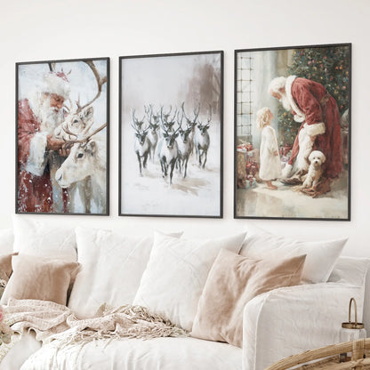 Traditional holiday triptych wall art for winter decor. Black frames above the sofa.