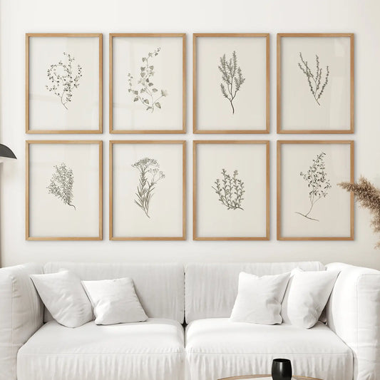 Set of 8 minimalist botanical herb prints featuring black line art drawings of wild plants and flowers. Thinwood frames for bedroom.