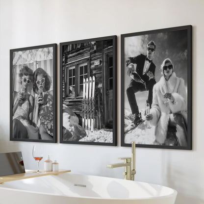 Après-ski pints, a black-framed print trio set, create crisp wall art over the bathtub, bringing vintage ski-lodge charm to a clean, modern bathroom.