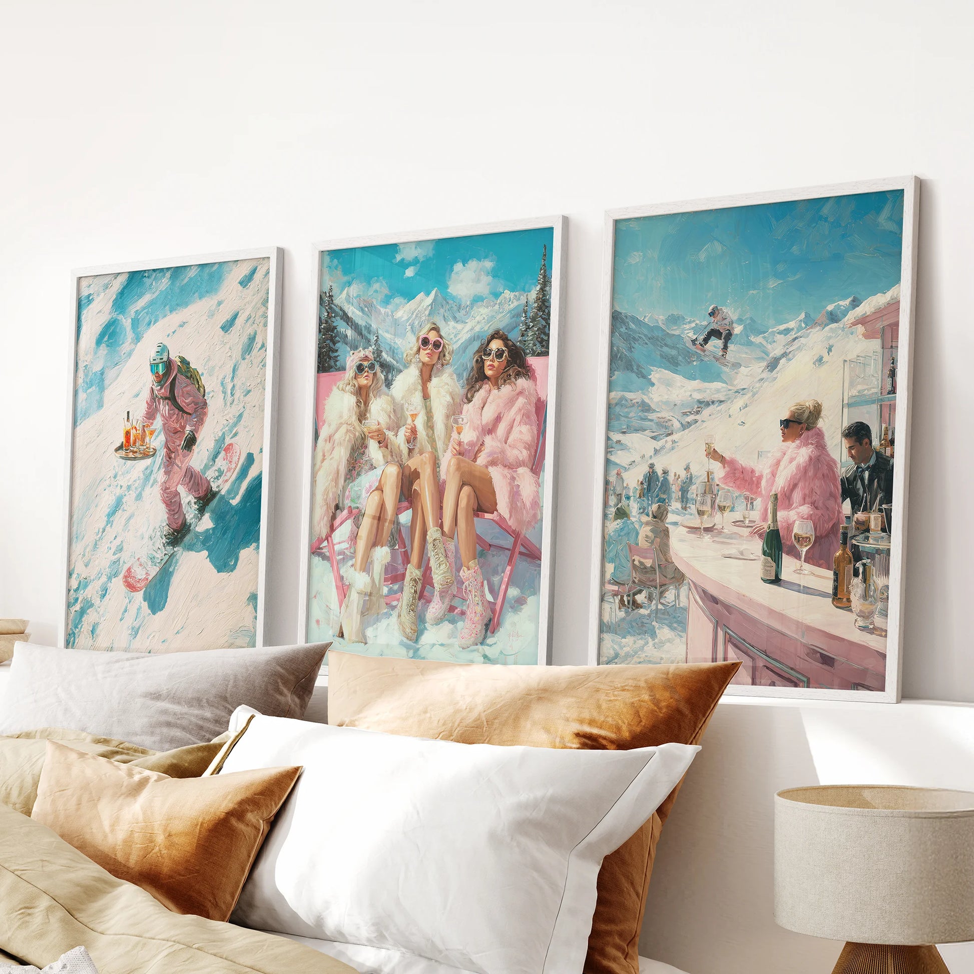 Vintage ski posters in a 3-piece picture set, white-framed and clean, sit above the headboard to give the bedroom a nostalgic alpine lodge feel.