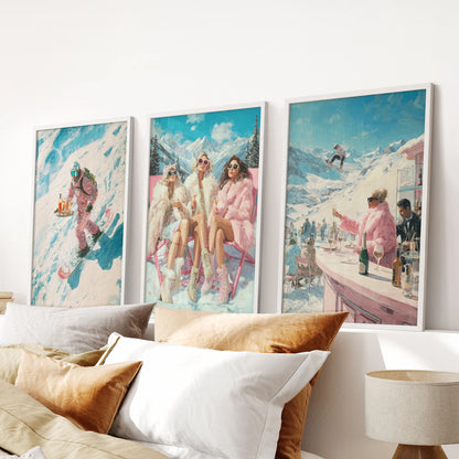 Vintage ski posters in a 3-piece picture set, white-framed and clean, sit above the headboard to give the bedroom a nostalgic alpine lodge feel.