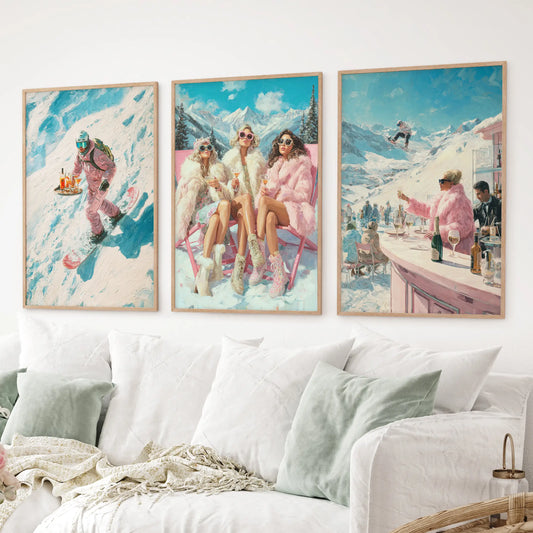 Snowboarder and chic skiers vintage wall art set of 3. Thinwood frames over the couch.