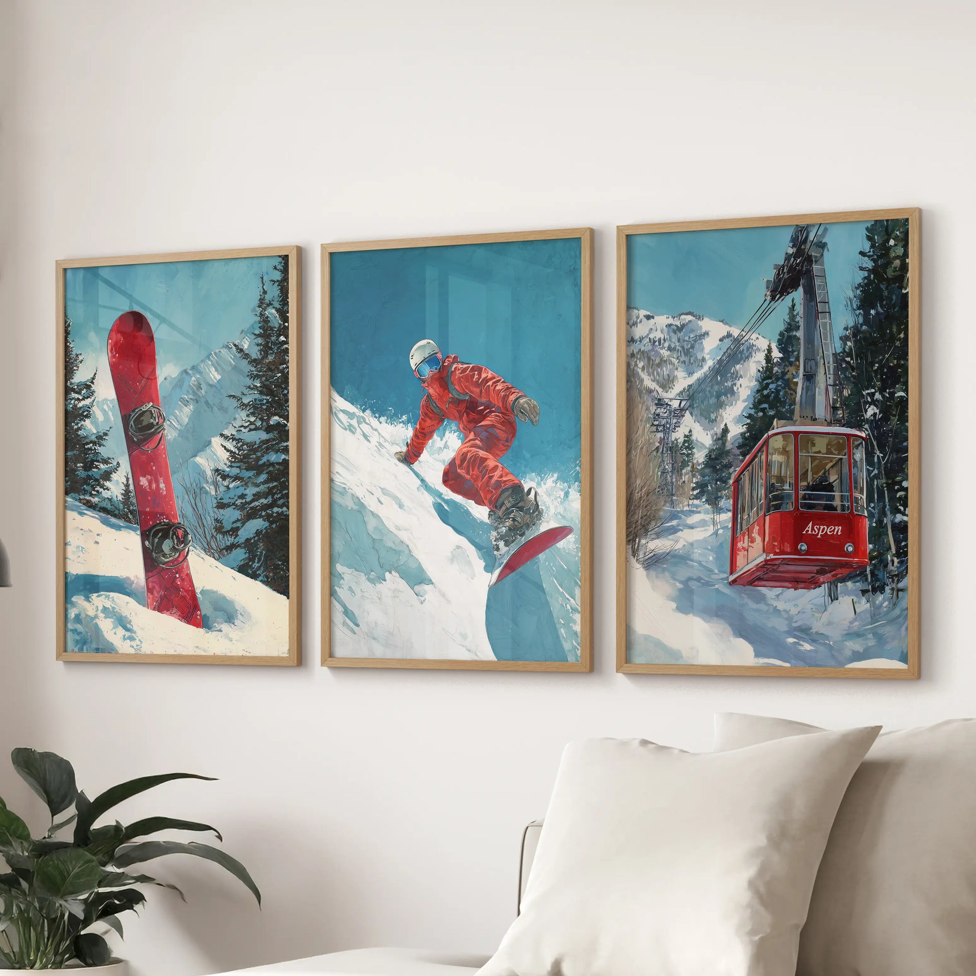 Ski lodge scenes, a 3-piece wall art set in wood frames, rest over the family room sofa and invite fireside comfort with a retro resort look.