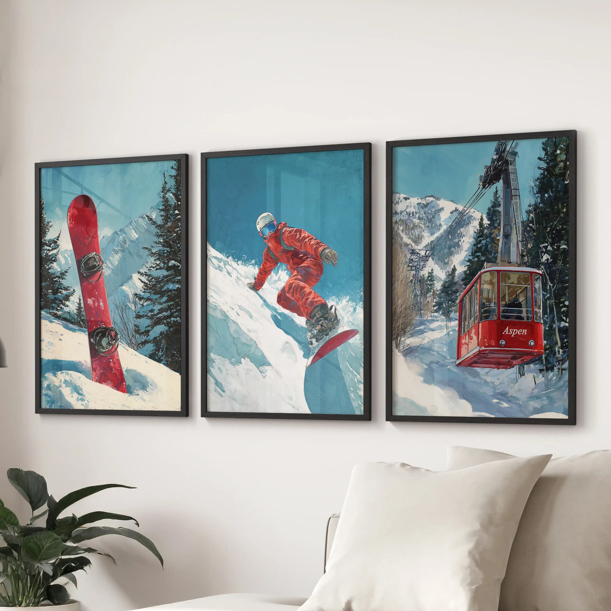Apres-ski lodge scenes, a three-piece poster set in black frames, warm the family room above the couch with retro signage and cozy resort charm.