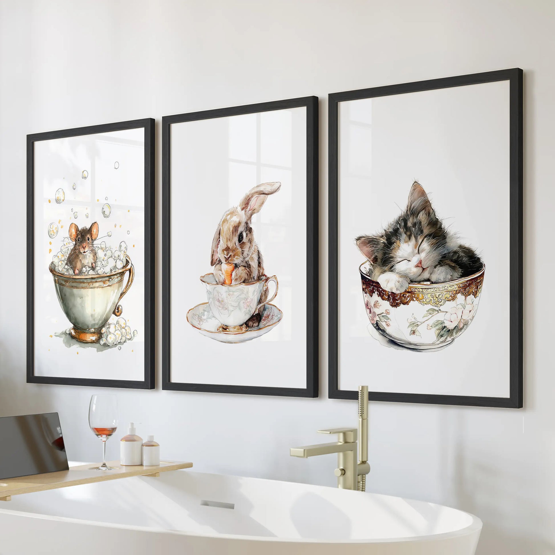 Mice in teacups, 3-piece wall art set in black frames hangs over the bathtub, charming watercolor prints that bring soft woodland whimsy.
