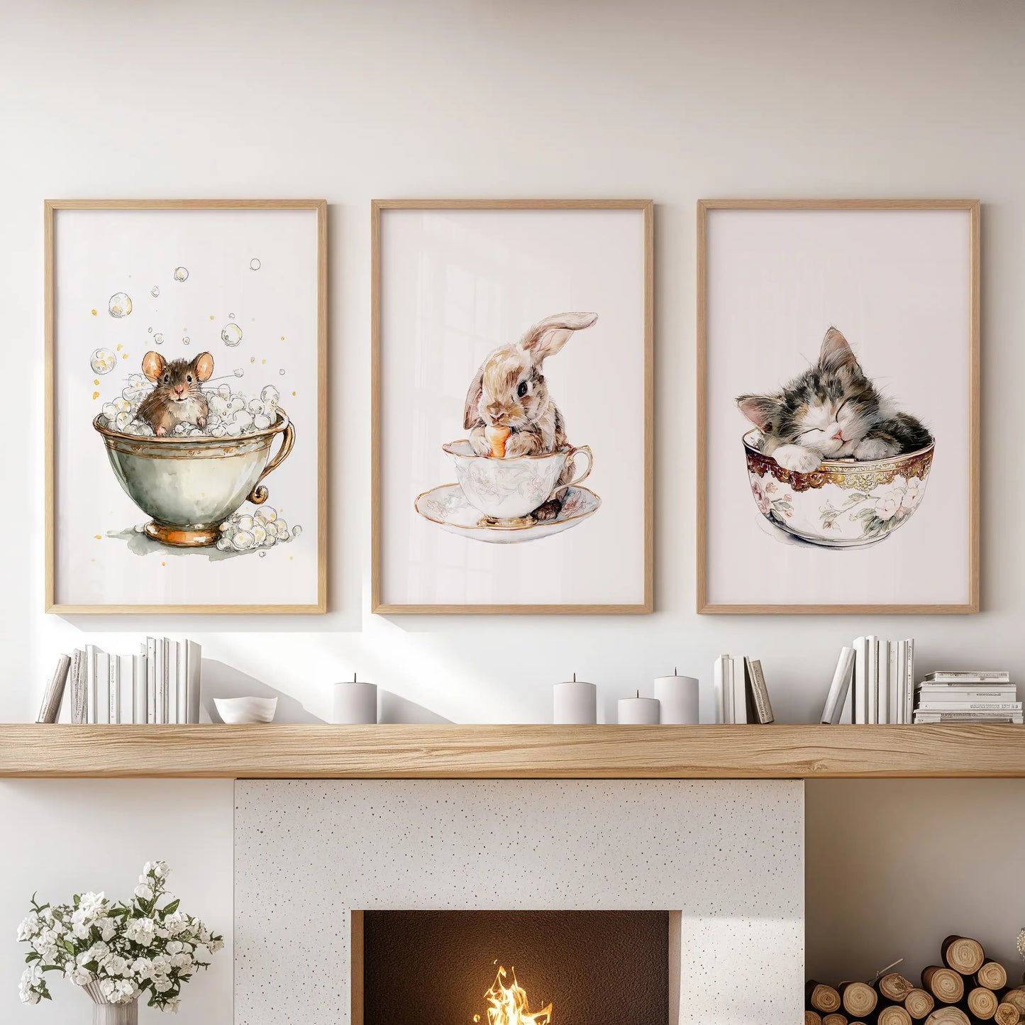 Vintage watercolor nursery animals, three art prints in warm wood frames, rest above the lounge mantelpiece and lend timeworn, tea-time charm.