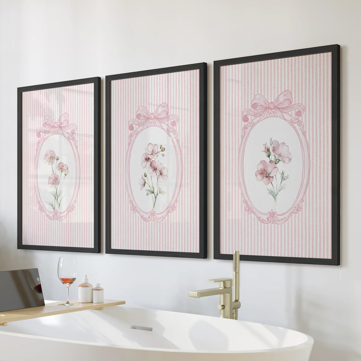 Three-piece wall art set of vintage wildflower botanicals in black frames above a freestanding tub in the bathroom.