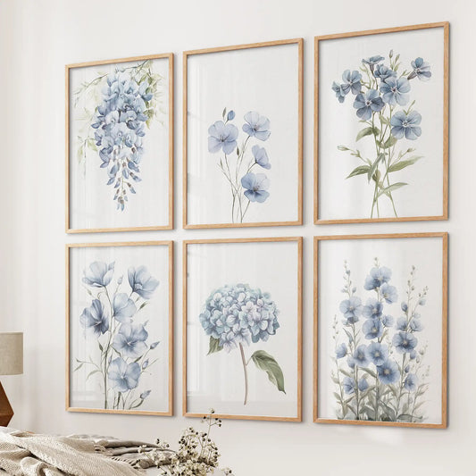 Gallery wall with six botanical flower prints in soft blue tones elegant decor. Thinwood frames for bedroom.