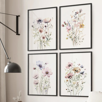Muted botanical watercolor prints in black frames, set of 4 boho wildflower posters