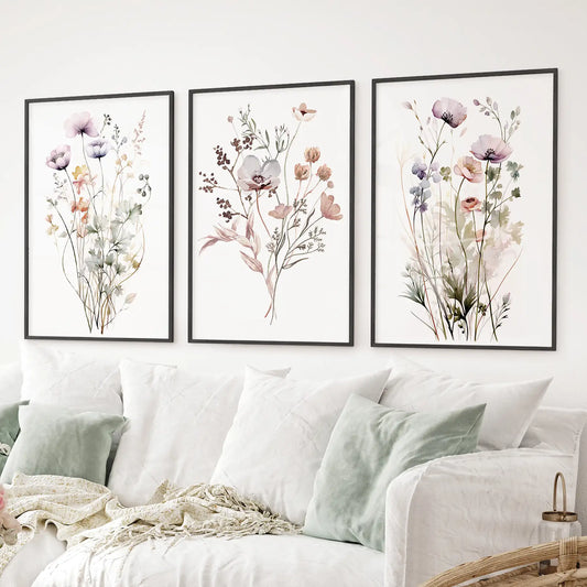 3 piece watercolor print set with pink poppies and wildflowers. Black frames for living room.