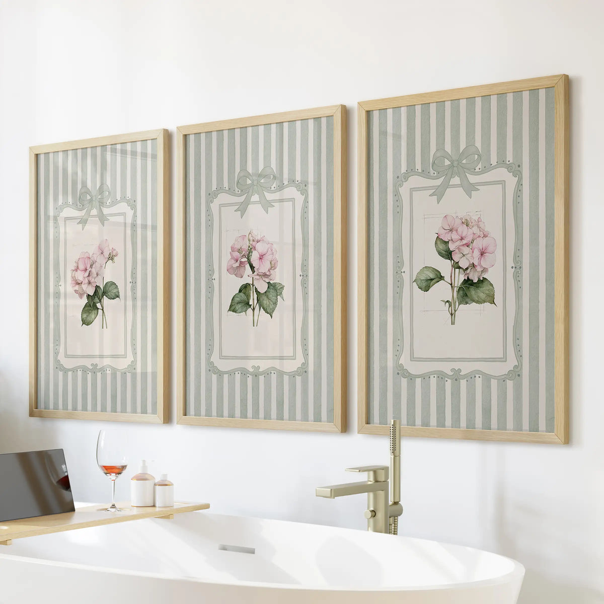 Garden flowers in a set of three wall art prints hang over a bathroom bathtub, with each print presented in a wood frame.