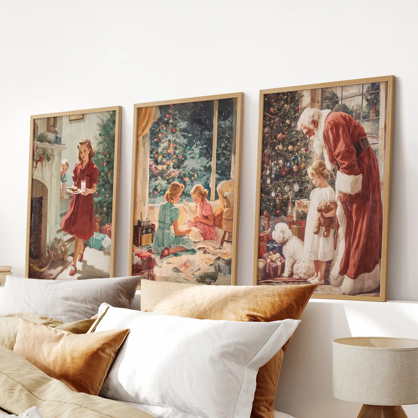 Watercolor Christmas village, an art set of three prints, is framed in light wood and placed above the bedroom headboard to soften the space.