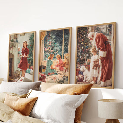 Watercolor Christmas village, an art set of three prints, is framed in light wood and placed above the bedroom headboard to soften the space.