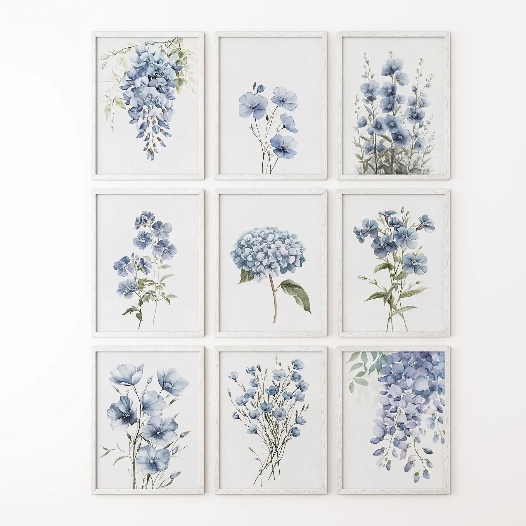 Blue flowers minimalist wall art. Botanical artwork garden flower poster. White frames for bedroom.