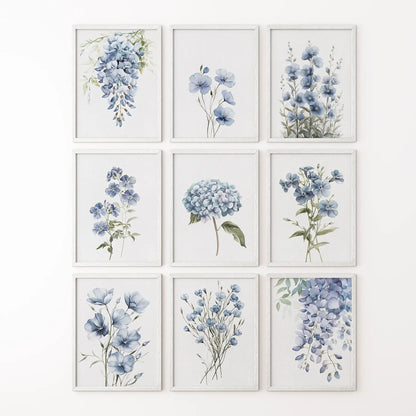 Blue flowers minimalist wall art. Botanical artwork garden flower poster. White frames for bedroom.