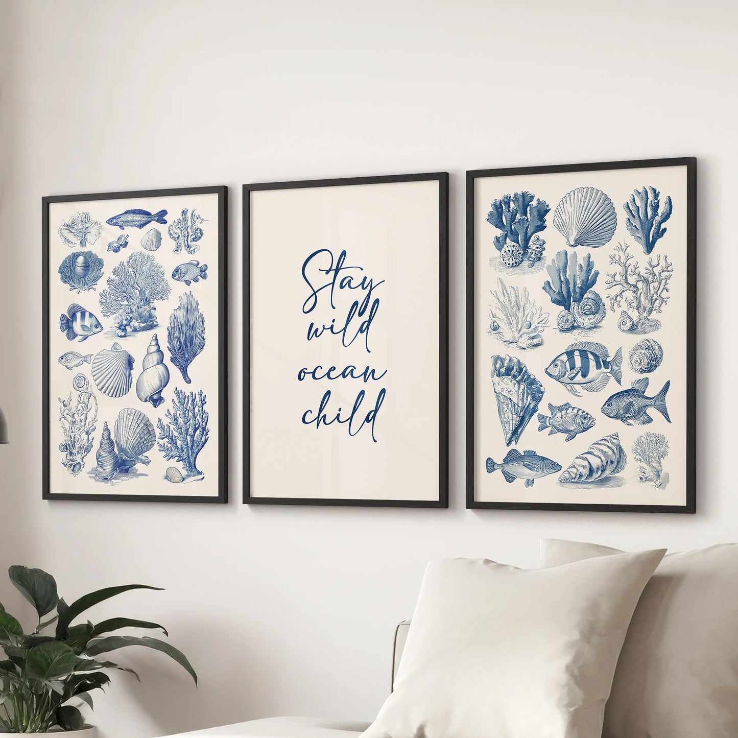Watercolor marine print set of three black-framed designs softly brightens a family room when hung above the sofa.