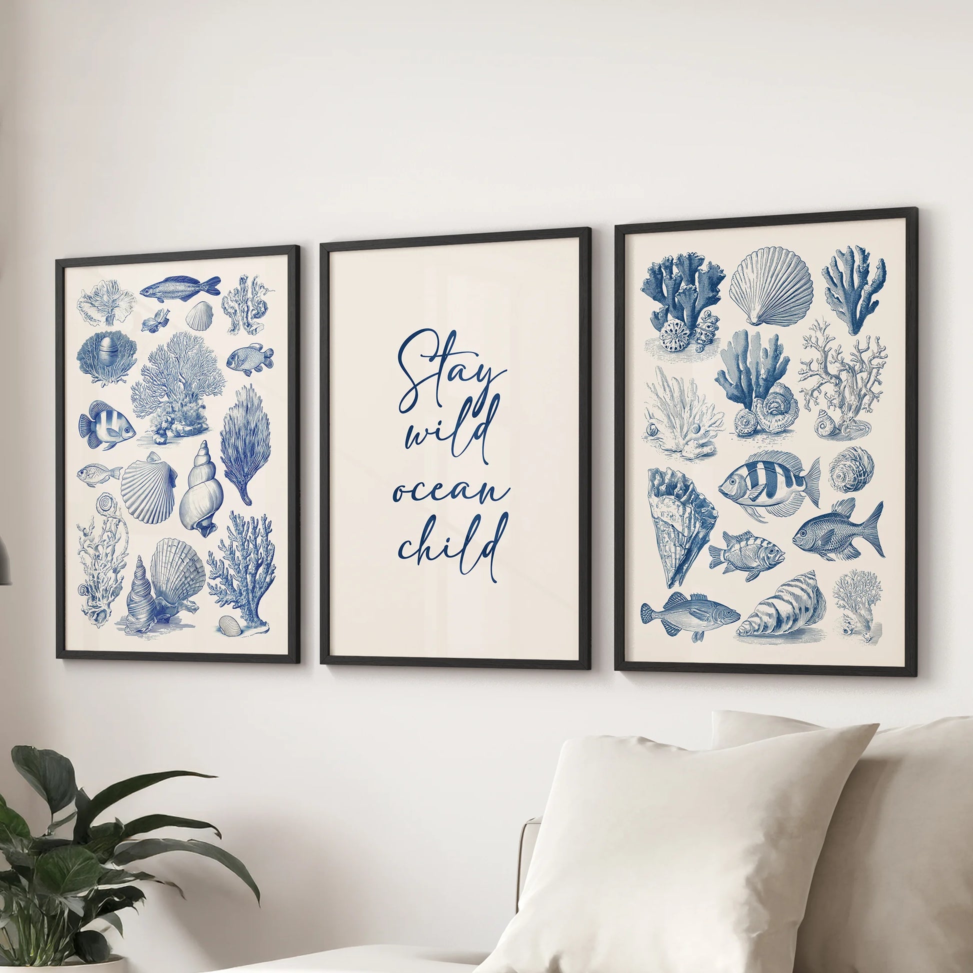 Watercolor marine print set of three black-framed designs softly brightens a family room when hung above the sofa.