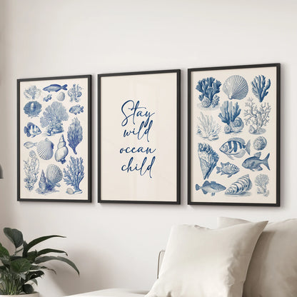 Watercolor marine print set of three black-framed designs softly brightens a family room when hung above the sofa.