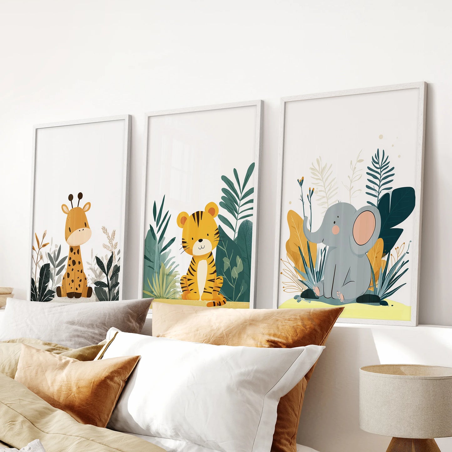 Watercolor safari animals three-piece wall art set in white frames caps the bedroom, centered above the bed for soft, neutral charm.