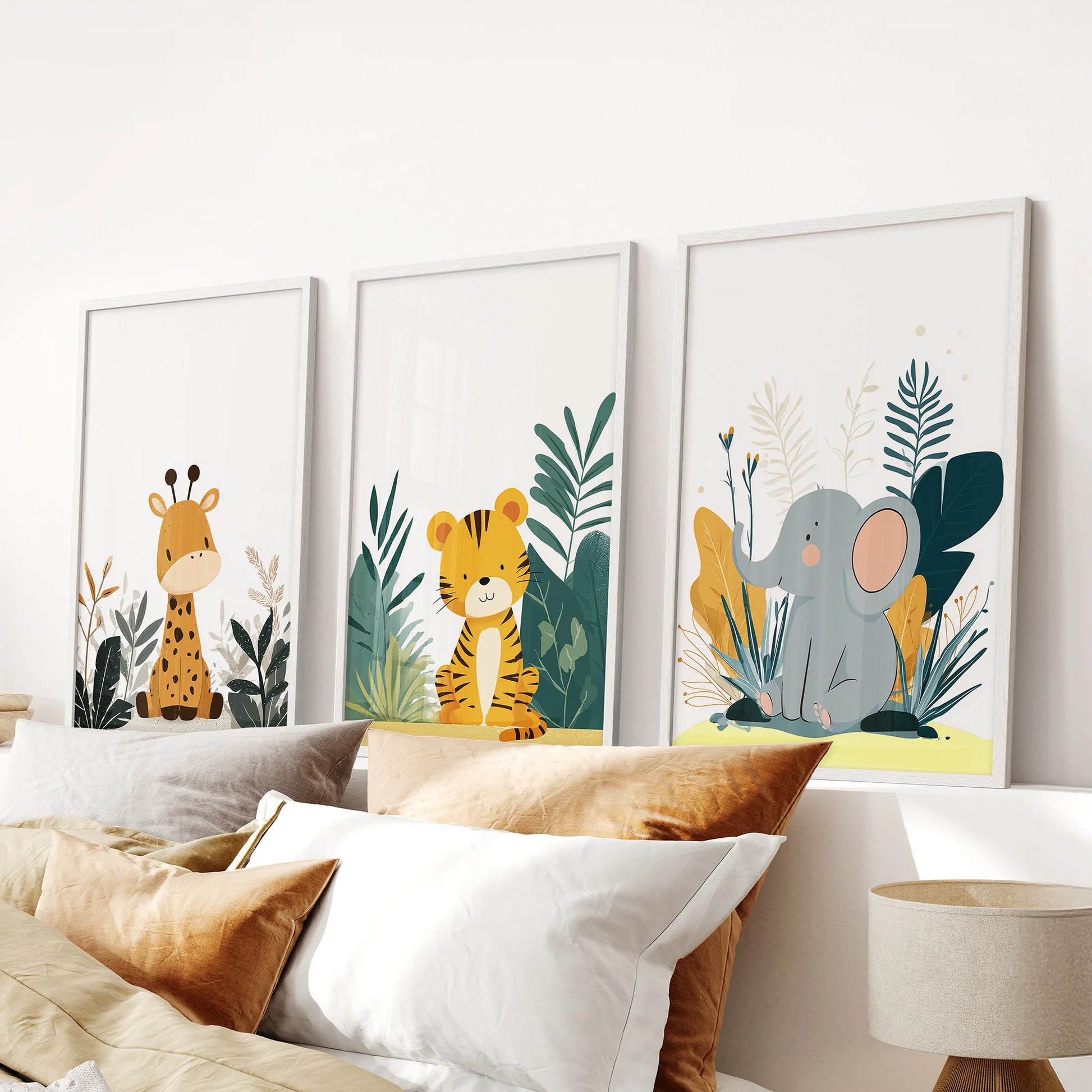 Watercolor safari animals three-piece wall art set in white frames caps the bedroom, centered above the bed for soft, neutral charm.