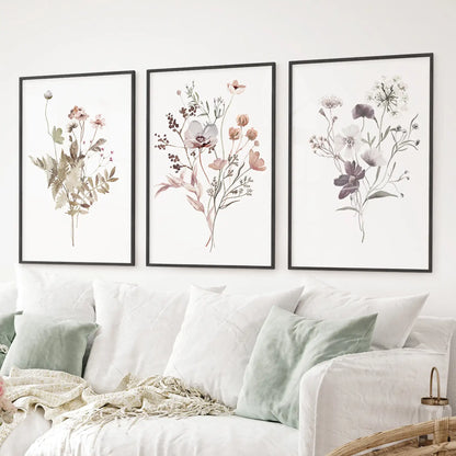 Elegant botanical wall art set in black oak frame with minimalist style