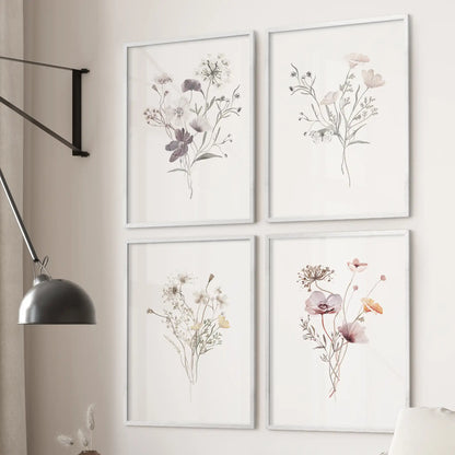 Delicate watercolor flower set of 4 in white frames, botanical wall decor for bedroom
