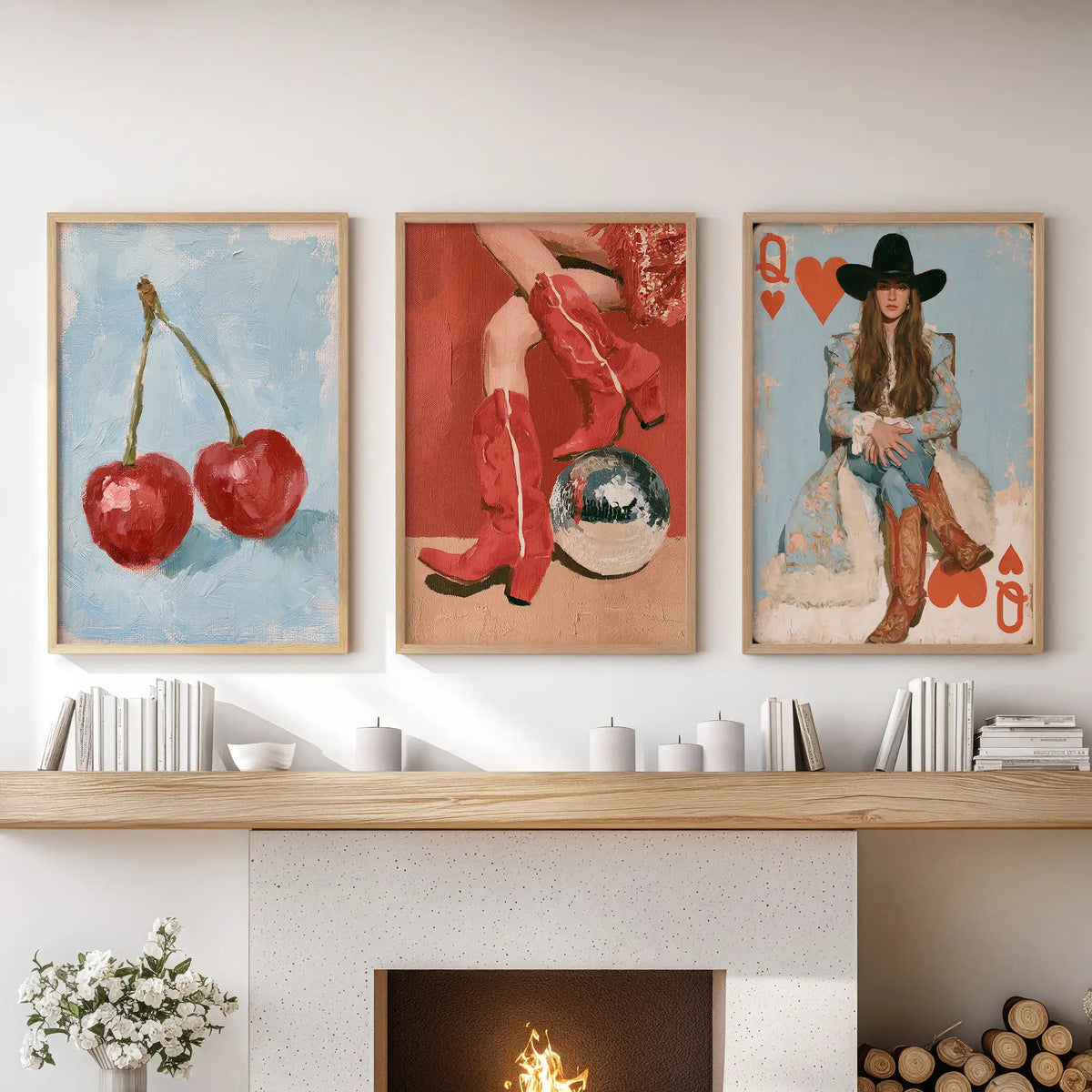 Western glam sets of 3 pictures in light wood frames, displayed above the hearth to glam up the family room with a polished Western accent.