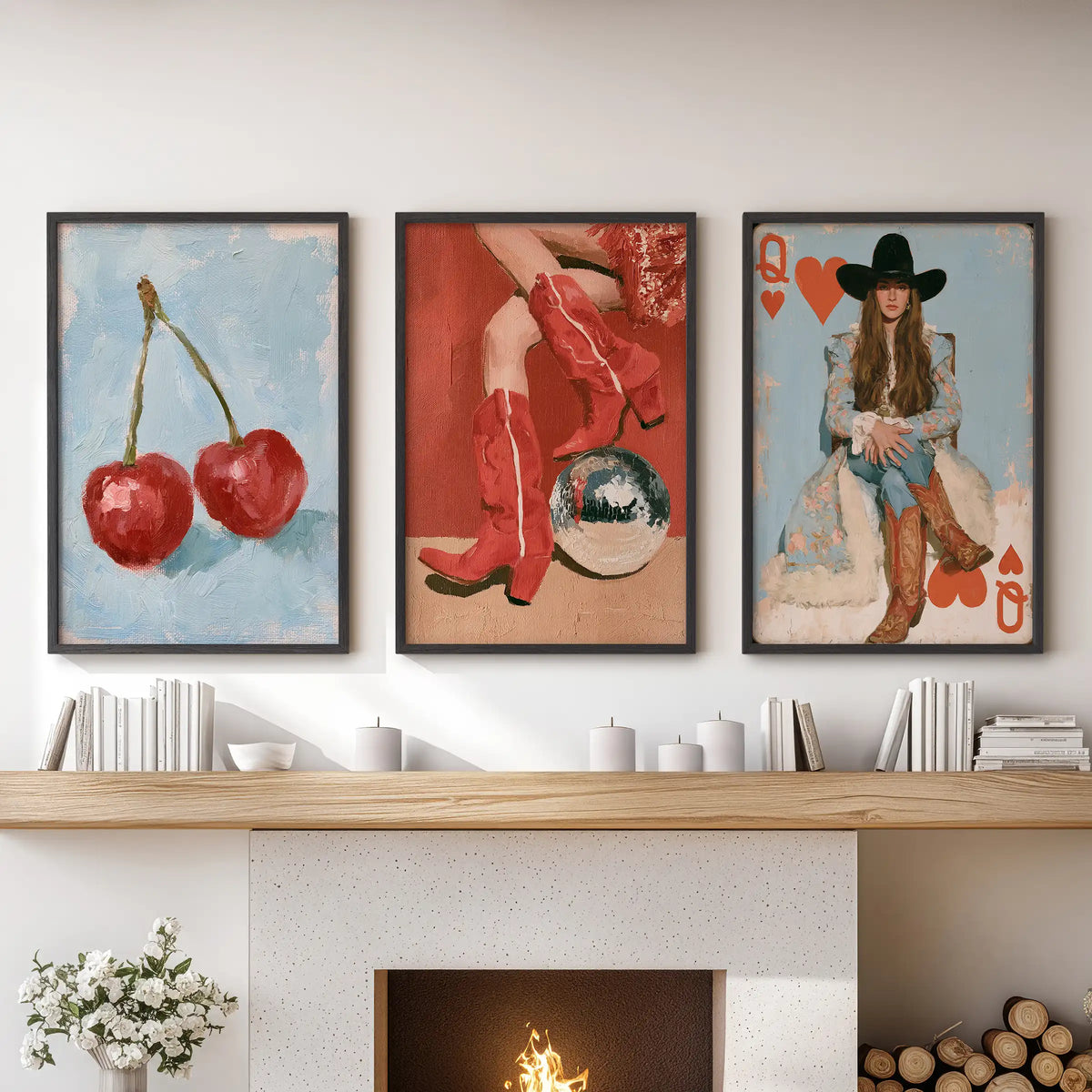 Retro cowgirl 3-piece wall art in crisp black frames, arranged over the mantle to lend playful Western charm to the living room.