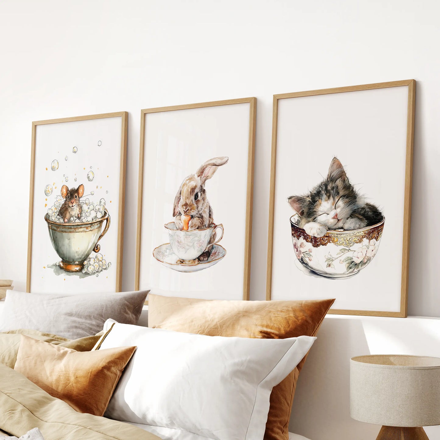A 3-piece light-wood wall art set of whimsical woodland animals rests above the headboard, giving the bedroom dream-ready ease.