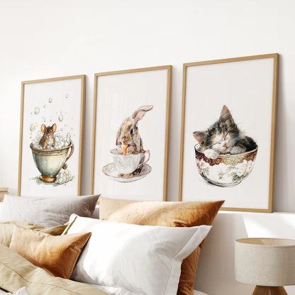 A 3-piece light-wood wall art set of whimsical woodland animals rests above the headboard, giving the bedroom dream-ready ease.