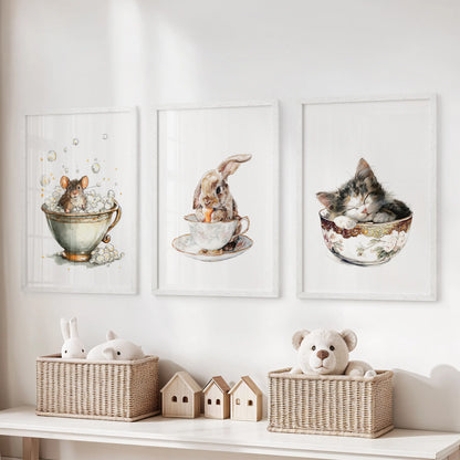 Three white-framed prints of whimsical woodland creatures line the playroom wall above the storage bench for a bright, imaginative touch.
